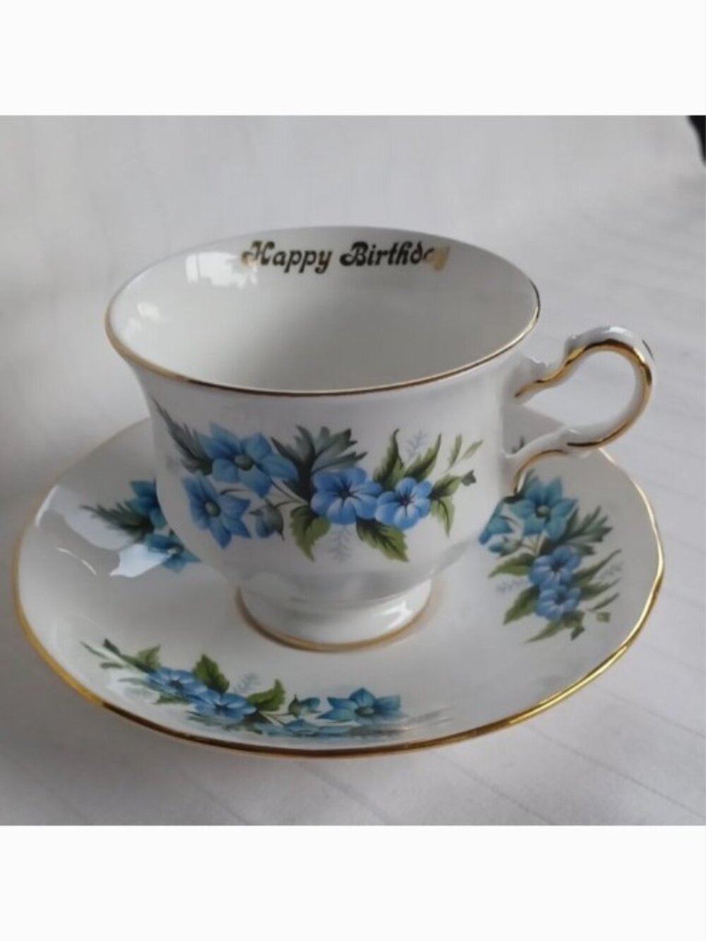 Queen Anne Floral "Happy Birthday" Tea Cup & Saucer